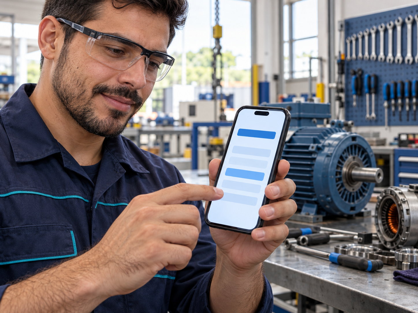 Técnico em oficina registrando um atendimento pelo celular